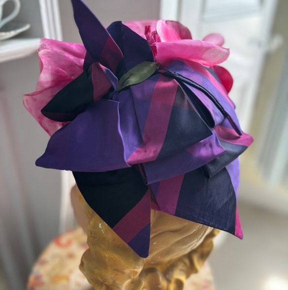 True Vintage 1940s Pink And Purple Floral And Stripe Bow Hat Fascinator main image 4